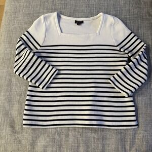 J Jill We Ottoman Square Neck Top Navy Stripe Small Nautical Coastal Vacation